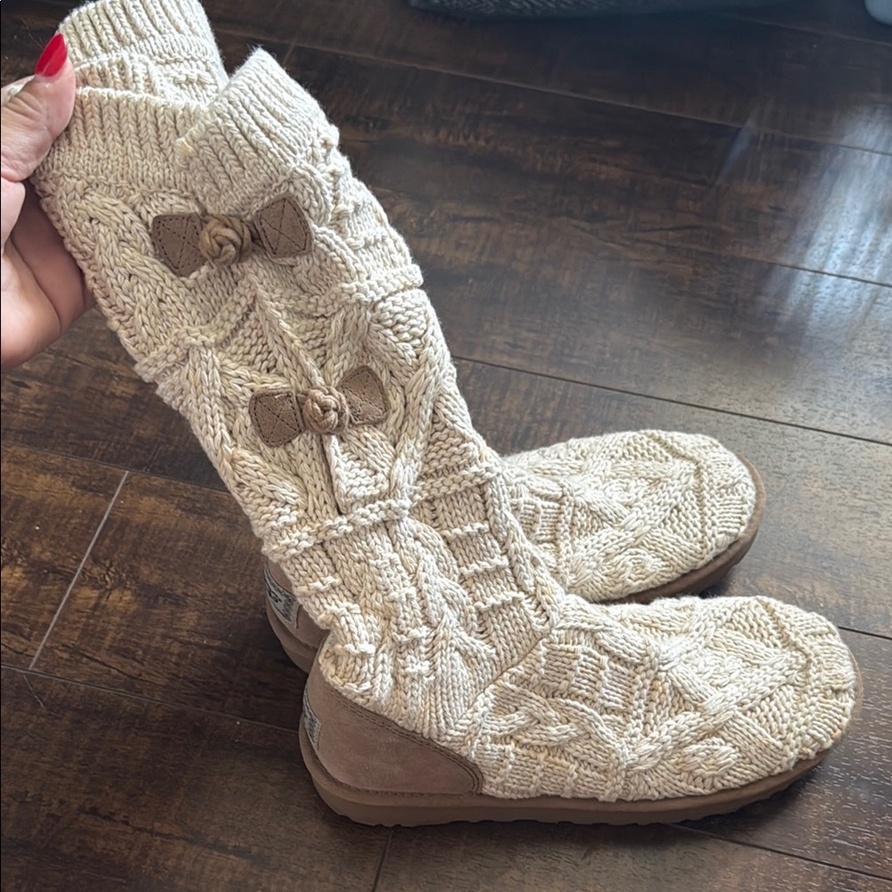 UGG Knit Cream and Tan Slipper Boots